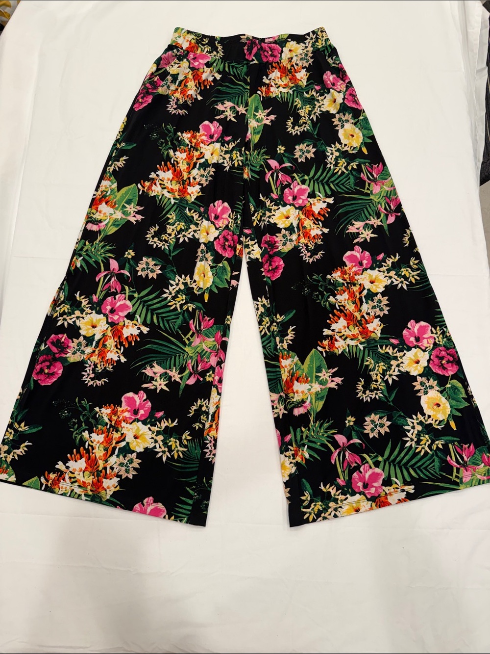 G.I.L.I. Black Wide Leg Floral Jumpsuit Pants with Pink & Yellow Flowers